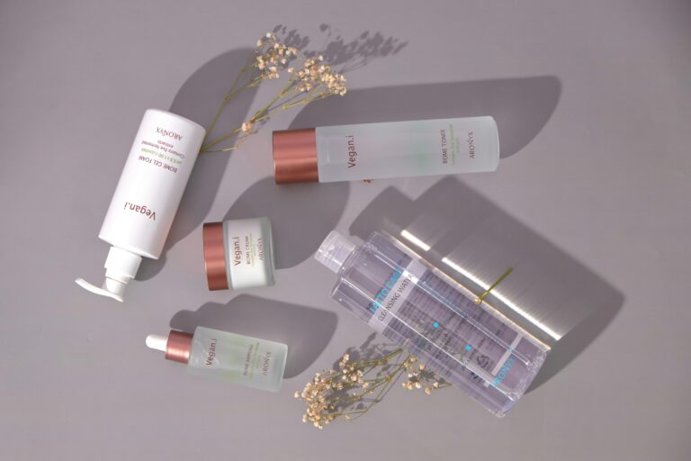 Stylish flat lay of vegan skincare products with a minimalist design.