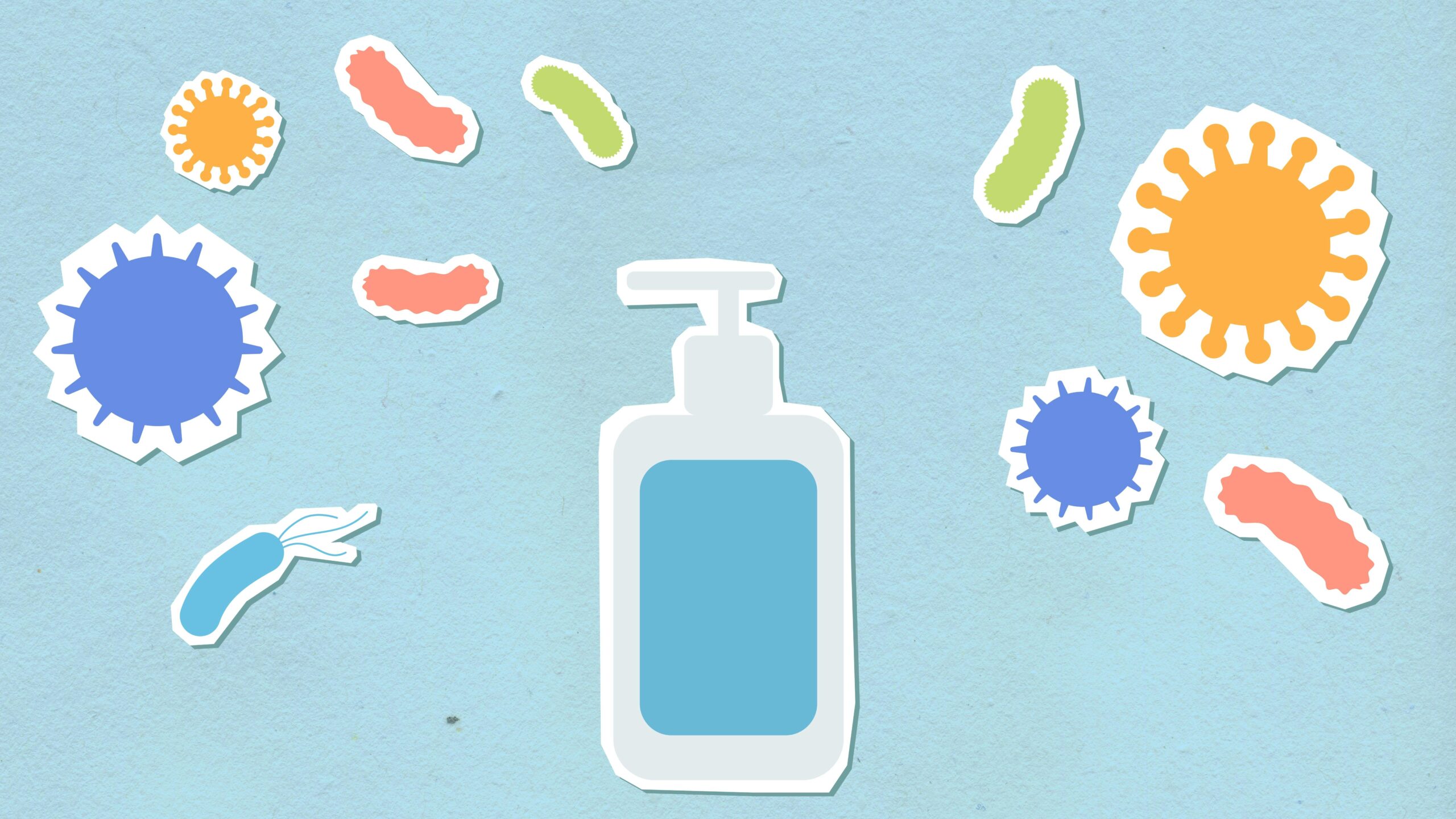 Paper cutout of medical antiseptic for health care on blue background with various types of viruses during dangerous disease outbreak
